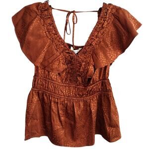 52Seven NEW Deep Copper Printed Satin V-Neck Flutter Slv Peplum Blouse Top Small